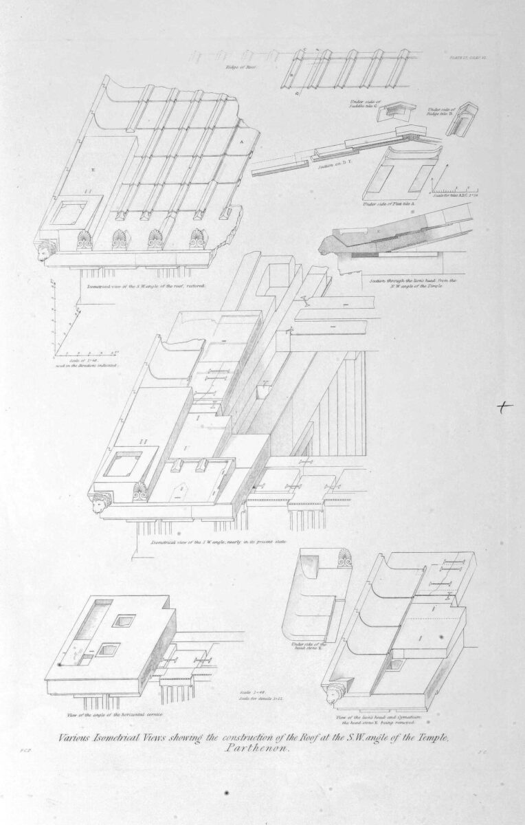 penrose1888_0159 Various Isometrical Views showing the construction of the Roof at the S. Wangle of the Temple, Parthenon.