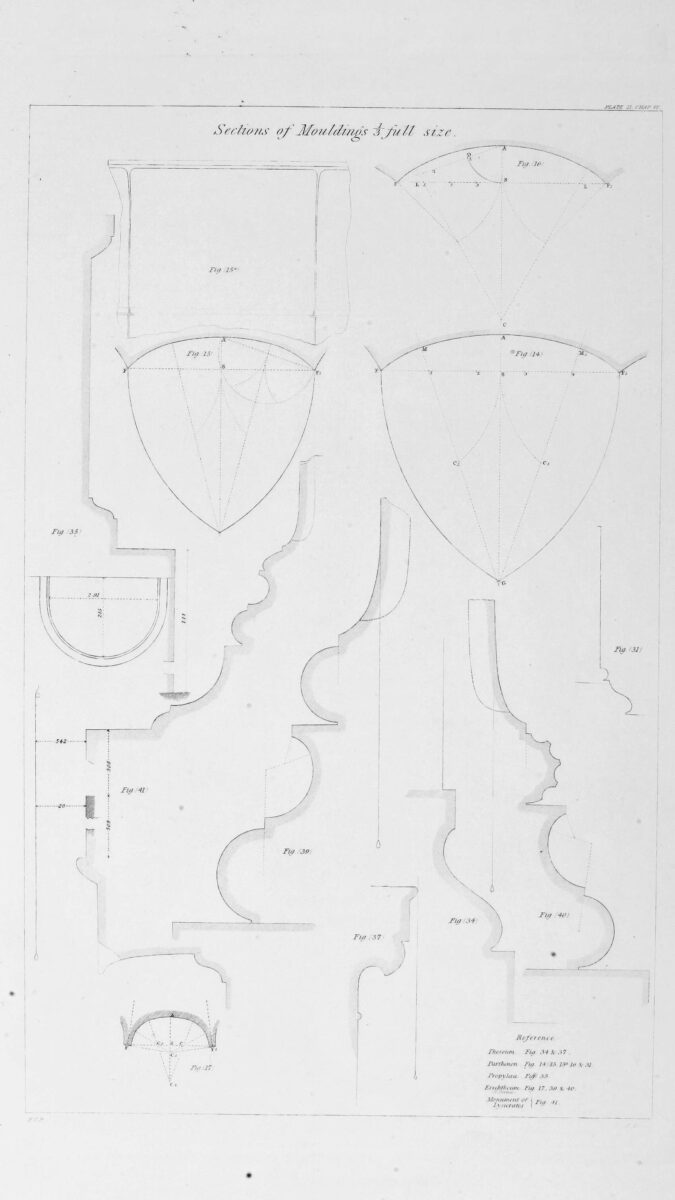 Sections of Mouldings from the Theseum (Temple of Hephaestus), the Parthenon, the Propylaea, the Erechtheion, and the Monument of Lysicrates.