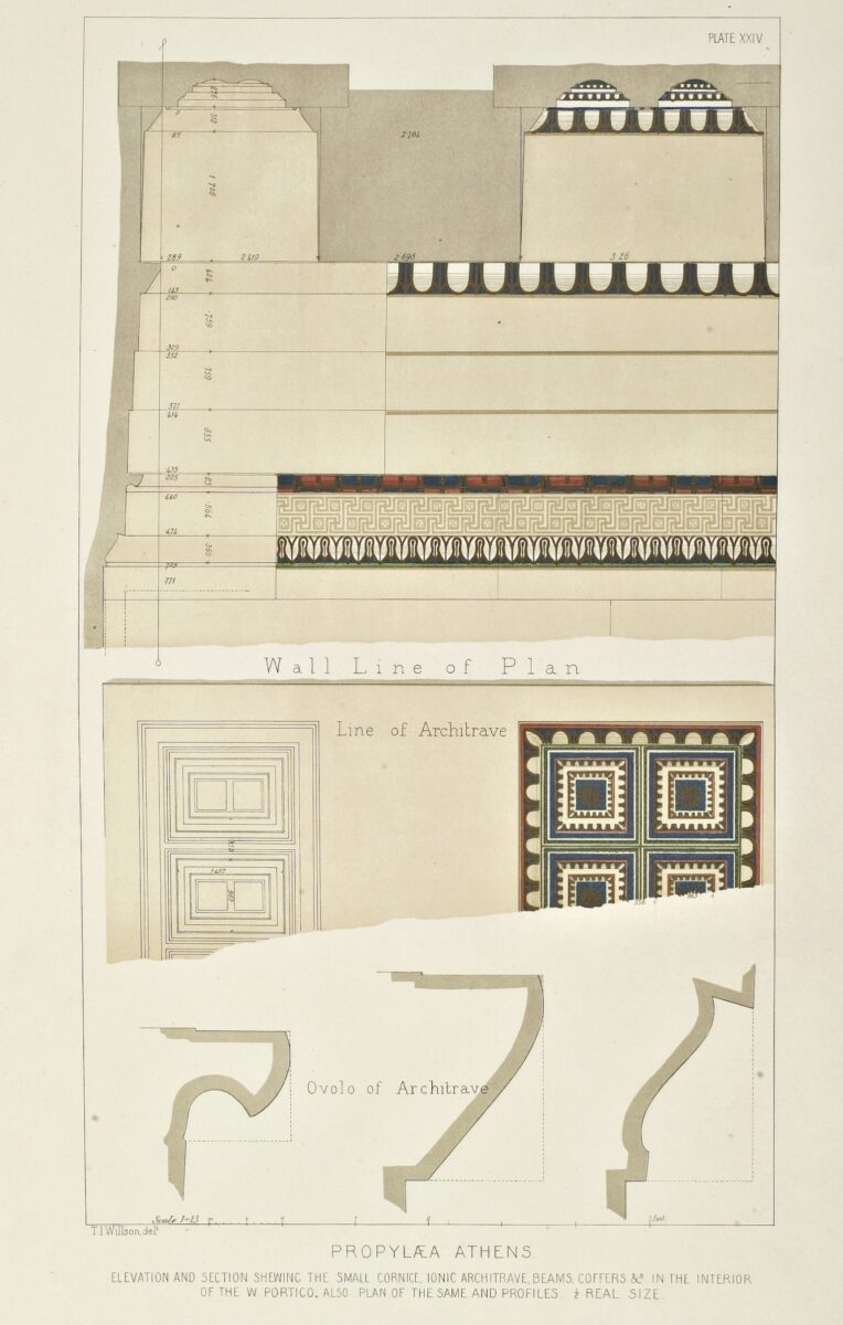 Propylaea: elevation and section showing the small cornice, ionic architrave, beams, coffers and in the interior of the w. portico, also plan of the same and profiles.