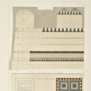 Propylaea: elevation and section showing the small cornice, ionic architrave, beams, coffers and in the interior of the w. portico, also plan of the same and profiles.