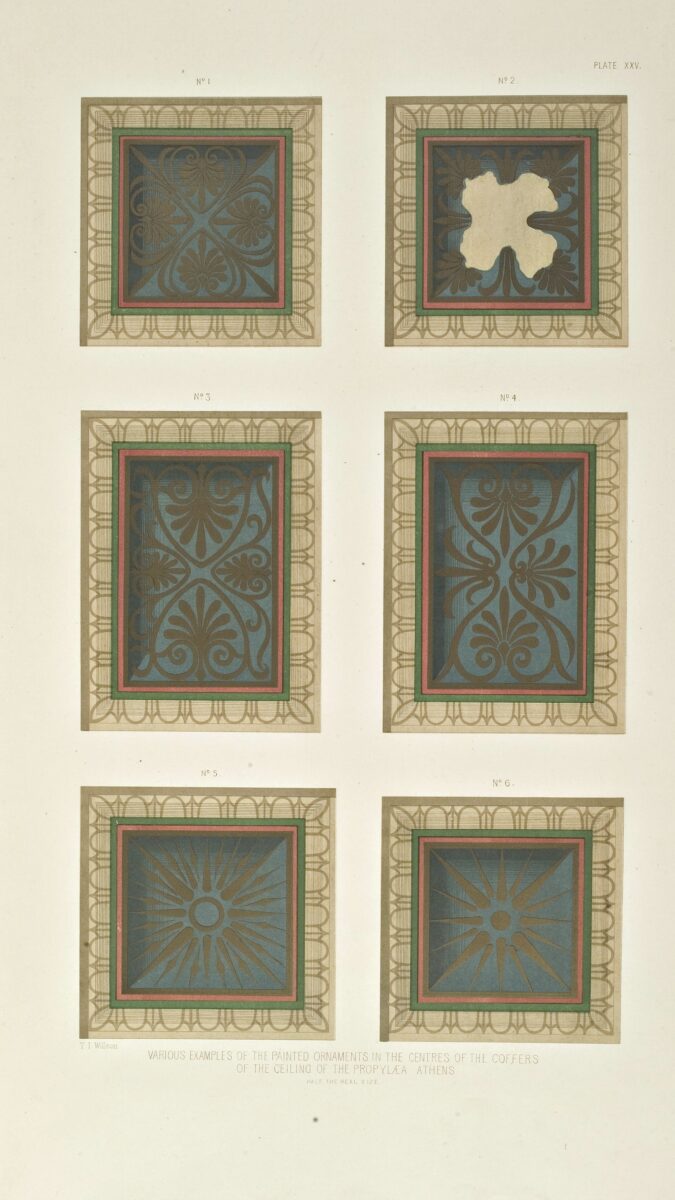 Various examples of the painted ornaments in the centers of the coffers of the ceiling of the Propylaea.