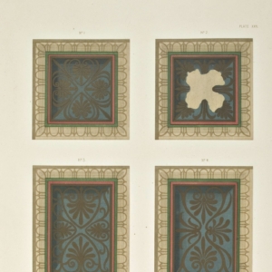 Various examples of the painted ornaments in the centers of the coffers of the ceiling of the Propylaea.