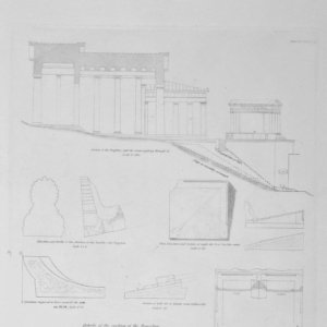 Plans and Elevations from the Acropolis of Athens swowing sections of the Propylaea, the Temple of Athena Nike, Doric column, and a plan of the ancient Temple S.W. of Erechtheum.