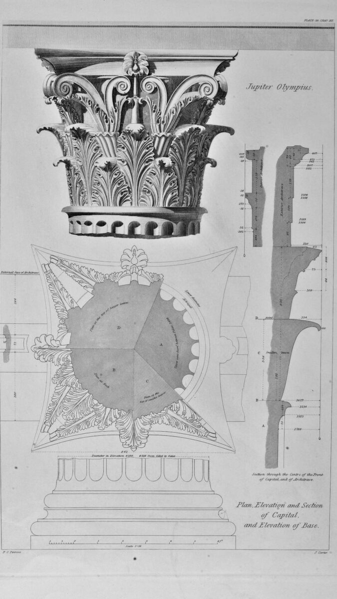Temple of Zeus Olympus: Plan, Elevation and Section of Capital, and Elevation of Base. With rendered drawing. Corinthian Order.