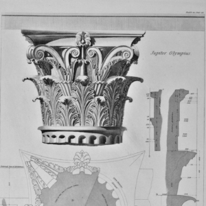 Temple of Zeus Olympus: Plan, Elevation and Section of Capital, and Elevation of Base. With rendered drawing. Corinthian Order.